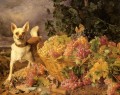 Waldmuller Ferdinand Georg Un perro junto a una cesta de uvas en un paisaje